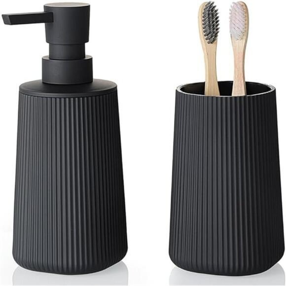 Black Bathroom Soap Dispenser Toothbrush Holder Set Countertop Organizer - Picture 7 of 7